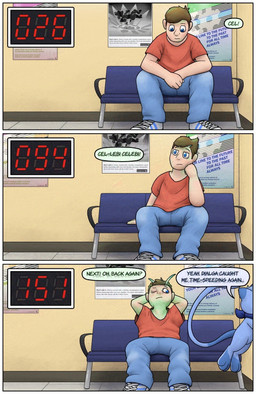 3_panel_comic ambiguous_gender antennae_(anatomy) bench blue_bench blue_body blue_bottomwear blue_clothing blue_eyes blue_jeans blue_pants blue_scarf bottomwear brown_hair clothing denim denim_bottomwear denim_clothing dialogue dipstick_ears duo ear_markings feral footwear hair jeans long_tail looking_at_another multicolored_ears now_serving on_bench pants pokemon_speak poster red_clothing red_shirt red_topwear scarf shirt shoes sitting sitting_on_bench slow_transformation solo species_transformation speech_bubble tail text topwear transformation transformation_sequence waiting waiting_for_turn waiting_room crizbn nintendo pokemon chris_(crizbn) celebi generation_1_pokemon generation_2_pokemon human legendary_pokemon mammal mew_(pokemon) pokemon_(species) shiny_pokemon 2025 comic english_text hi_res nonbinary_(lore)