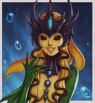 arm_fin armor crown eyelashes female fin gorget green_body green_skin head_fin headgear red_eyes smile solo split_form inksilvery league_of_legends riot_games tencent nami_(lol) humanoid marine merfolk absurd_res bust_portrait hi_res huge_filesize portrait