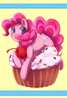 blue_eyes blush cake cherry cutie_mark dessert female feral food fruit hair looking_at_viewer micro on_food open_mouth pink_hair plant smile solo tail spazzykoneko friendship_is_magic hasbro my_little_pony pinkie_pie_(mlp) earth_pony equid equine horse mammal pony digital_media_(artwork) shaded source_request