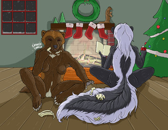 after_vore anthro black_body black_fur bone breasts brown_body brown_fur butt christmas_tree clothing duo eating female female_anthro fire fireplace fur genitals hair holidays inside legwear nude nude_anthro nude_female onomatopoeia plant sitting skull sound_effects stockings tail tail_fetish tail_play tail_vore text tree vore vulva white_body white_fur white_hair wreath strega christmas deirdra_(strega) mirelle_(strega) gulonine mammal mephitid mustelid musteline skunk wolverine hi_res