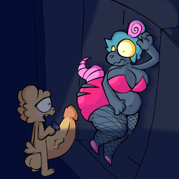 anthro balls big_butt big_penis blue_hair breasts butt dark_body dark_fur fur genitals hair huge_penis humanoid_genitalia humanoid_penis hyper hyper_genitalia hyper_penis male male/male overweight overweight_male penis surprised thick_thighs yellow_eyes mammal murid murine rat rodent 1:1