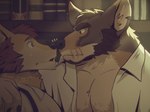 2024 4:3 almost_kissing anthro biped black_eyes brown_body brown_fur canid canine canis duo echo_(series) echo_project eye_contact fur hi_res itreyu looking_at_another male mammal muscular muscular_anthro muscular_male nekku_guy nose_bump the_smoke_room william_adler wolf