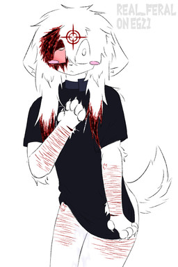 ambiguous_gender anthro black_clothing black_shirt black_topwear blood blood_on_face bloodshot_eye blush blush_lines bodily_fluids clothing clothing_pull collar crosshair cult cultist cum cum_between_legs cum_between_thighs cum_on_leg floppy_ears fur genital_fluids hair lazy_eye messy_hair scar self-harm self-harm_scars shirt shirt_pull shirt_pulled_down shock_collar shocked short_tail solo tail topwear topwear_pull white_body white_fur white_hair real_feral preychan felid feline mammal distracting_watermark hi_res sketch watermark
