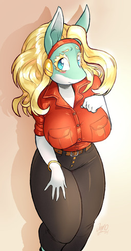 5_fingers anthro belt belt_buckle bent_arm bent_leg big_breasts biped black_bottomwear black_clothing black_pants blonde_eyebrows blonde_eyelashes blonde_hair blue_eyes blush blush_stickers bottomwear bracelet breasts brown_belt buckle button_(fastener) clothed clothed_anthro clothed_female clothing collared_shirt curvy_figure dipstick_ears dress_shirt ear_markings eyebrows eyelashes female female_anthro fingers fist fully_clothed fully_clothed_anthro fully_clothed_female glistening glistening_eyes glistening_hair gradient_background hair hand_on_breast hand_on_leg hand_on_thigh high-angle_view jewelry looking_aside mouth_closed multicolored_body multicolored_ears noseless pants pupils red_clothing red_dress_shirt red_hairband red_shirt red_topwear shadow shirt short_snout simple_background snout solo standing teal_body teal_ears thick_thighs topwear two_tone_body two_tone_ears white_body white_ear_tips wide_hips jamoart my_hero_academia ippan_josei mammal quirked_human_(my_hero_academia) 2024 absurd_res digital_drawing_(artwork) digital_media_(artwork) hi_res portrait shaded signature three-quarter_portrait