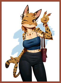 anthro border bottomwear breasts camisole clothing ear_piercing ear_ring ear_tuft female fur gesture hand_gesture head_tuft holding_tail jewelry long_tail looking_at_viewer markings midriff multicolored_body multicolored_fur necklace one_eye_closed orange_border orange_eyes pants pawpads piercing pointy_ears pupils ring_piercing shoulder_bag simple_background slit_pupils smile solo spots spotted_body spotted_fur tail tuft two_tone_body two_tone_fur v_sign wink winking_at_viewer yellow_body yellow_fur yoga_pants ruffu unnamed_character felid feline mammal serval digital_drawing_(artwork) digital_media_(artwork) portrait three-quarter_portrait