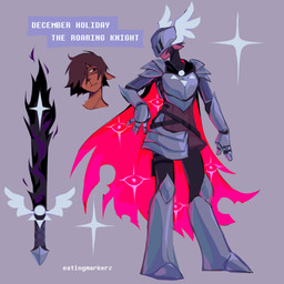 anthro armor brown_hair cape clothing female grey_background hair headgear helmet melee_weapon simple_background solo sword text weapon eatingmarkerz deltarune undertale_(series) dess_holiday deer mammal new_world_deer reindeer 1:1 2024 hi_res