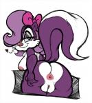 anthro anus areola breasts butt clitoris drills female fifi_la_fume fluffy genitals hand_on_butt heart_symbol hi_res looking_at_viewer looking_back mammal mephitid nipples plump_labia presenting presenting_anus presenting_pussy pussy raised_tail skunk solo tail tiny_toon_adventures twindrills warner_brothers