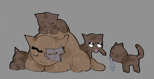 :3 age_difference ambiguous_feral ambiguous_gender blep brown_body brown_ears brown_fur brown_tail eye_patch eyes_closed eyewear feral fish_meat food fur grey_background group larger_ambiguous larger_feral looking_at_another lying meat monotone_body monotone_fur mouth_hold notched_ear older_ambiguous older_feral on_front on_top_of on_top_of_another quadruped scar scars_all_over simple_background size_difference sleeping sleeping_on_another sleeping_together smaller_ambiguous smaller_feral standing tail tongue tongue_out uwu young young_ambiguous young_feral younger_ambiguous younger_feral d_(artist) mewgenics maisie_(mewgenics) domestic_cat felid feline felis mammal 2026 colored digital_media_(artwork)