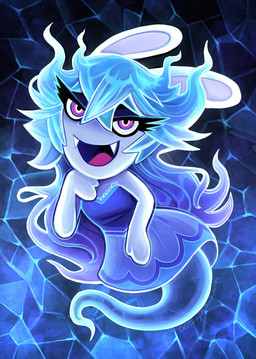 anthro bedroom_eyes blue_body blue_hair clothing dress eyelashes eyeshadow fangs female ghost_tail glowing glowing_eyes glowing_hair hair hand_under_chin long_eyelashes looking_at_viewer makeup narrowed_eyes seductive shoulderless_dress smile smiling_at_viewer solo teeth translucent translucent_body phantomarine mario_bros mario_plus_rabbids_kingdom_battle mario_plus_rabbids_sparks_of_hope nintendo raving_rabbids rayman_(series) ubisoft midnite_(mario_plus_rabbids) ghost lagomorph leporid mammal rabbid rabbit spirit crossover hi_res
