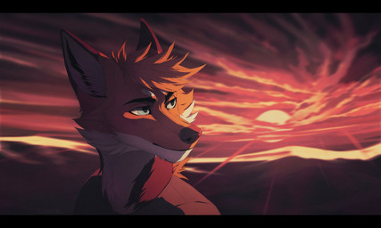anthro black_bars day detailed_background eyebrows eyelashes male outside sky solo sun suzamuri canid canine fox mammal 2021 digital_media_(artwork) hi_res letterbox
