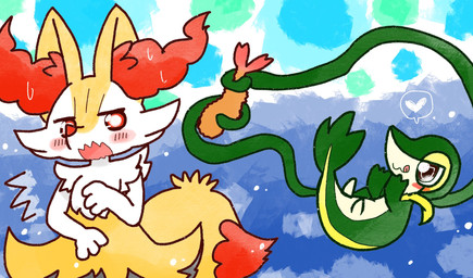:3 ambiguous_anthro ambiguous_gender anthro biped blush closed_smile dipstick_tail duo food front_view heart_symbol licking licking_lips markings midair mouth_closed open_mouth plant shocked shrimp_(food) side_view simple_background smile snout standing tail tail_markings tongue tongue_out vines annyui0611 nintendo pokemon braixen canid generation_5_pokemon generation_6_pokemon mammal pokemon_(species) snivy 2022 digital_drawing_(artwork) digital_media_(artwork) hi_res japanese_description translated_description