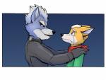 blue_background bodily_fluids crying duo hands_on_shoulder male male/male open_mouth sharp_teeth simple_background tears teeth teeth_showing cirruskitfox nintendo star_fox fox_mccloud wolf_o'donnell canid canine canis fox mammal wolf absurd_res hi_res