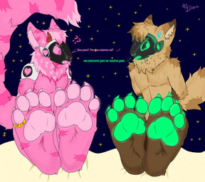 anthro bound duo feet foot_fetish foot_focus machine male male/male nervous pawpads paws pink_body ring sitting text l_darki ditzy_dark luck_(tluckyl) protogen hi_res
