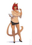 anthro big_breasts bottomwear breasts clothing eyewear female footwear glasses green_eyes hair high_heels holding_object looking_at_viewer open_mouth red_hair shoes simple_background skirt solo sweater tablet_computer topwear white_background conditional_dnp jollyjack felid feline mammal