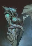 ambiguous_gender big_breasts breasts duo female female_focus glistening glistening_body horn simple_background size_difference smaller_female solo_focus thick_thighs wide_hips towerpractice digital_extremes tencent warframe saryn_(warframe) alien humanoid monster unknown_species warframe_(species) hi_res signature