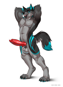 animal_genitalia animal_penis anthro armpit_tuft balls biceps blue_eyes blue_hair blue_markings canine_genitalia canine_penis claws erection facial_markings flexing fur genitals grey_body grey_fur hair head_markings inner_ear_fluff knot male markings muscular muscular_anthro muscular_male nude penis solo standing stretching teeth tongue tuft hive43 matt_wolf canid canine canis mammal wolf absurd_res hi_res