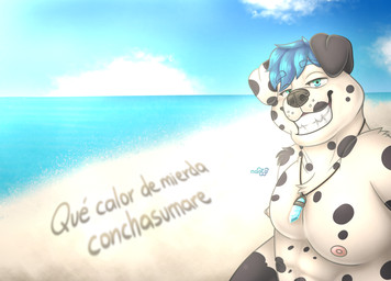 anthro beach black_body black_fur blue_eyes day fur green_eyes male multicolored_eyes sea seaside sky smile solo summer sun sunny two_tone_eyes water white_body white_fur naoto canid canine canis dalmatian domestic_dog mammal hi_res