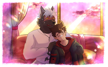 anthro brown_hair dark_body dark_fur date duo fur hair interspecies_couple male male/male romantic romantic_ambiance romantic_couple scar white_hair dragokaizer666 lifewonders tokyo_afterschool_summoners bandaid_protagonist_(tas) protagonist_(tas) tadatomo_(tas) canid canine canis domestic_dog human mammal 16:10 absurd_res hi_res widescreen
