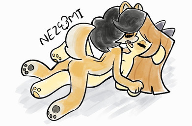 anthro black_hair black_pawpads bow_ribbon brown_hair butt countershade_face countershade_feet countershade_fur countershade_tail countershade_torso countershading duo eyes_closed feet female female/female french_kissing from_front_position fur hair hand_grab kiss_on_lips kissing lying missionary_position nude obscured_tribadism on_back pawpads sex spread_legs spreading tail tongue tongue_out nezumiminsfw_(artist) inu-sual_feelings inu_(inu-sual_feelings) mimi_(nezumiminsfw) canid canine canis domestic_dog mammal shiba_inu spitz