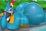 anthro back_fat beak belly big_butt blue_body blue_feathers blush bottom_heavy bubble_butt butt day detailed_background fat_rolls feathers femboy huge_butt huge_hips hyper hyper_butt looking_at_viewer lying male nude on_front outdoor_nudity outside overweight overweight_anthro overweight_male smile solo tail tail_feathers thick_thighs white_body white_feathers wide_hips yellow_body yellow_feathers pandashorts breath_of_the_wild nintendo the_legend_of_zelda kass_(tloz) avian bird macaw neotropical_parrot parrot rito true_parrot digital_media_(artwork) hi_res