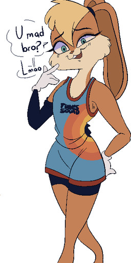 :3 anthro armwear basketball_uniform black_text blonde_hair breasts brown_body brown_fur buckteeth cleavage clothed clothing crossed_legs elbow_gloves eyelashes female flat_chested fur gloves hair handwear lmao multicolored_body multicolored_fur open_:3 shirt solo sportswear tank_top teeth text text_on_clothing text_on_shirt text_on_tank_top text_on_topwear topwear tune_squad_outfit tune_squad_outfit_(2021) two_tone_body two_tone_fur uniform white_clothing white_gloves white_handwear sickbelle looney_tunes space_jam space_jam:_a_new_legacy u_mad_bro? warner_brothers lola_bunny lagomorph leporid mammal rabbit english_text