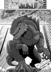 2022 3_toes ambiguous_gender barefoot biped city claws comic day destruction detailed_background digitigrade dragon_engima_(commissioner) extreme_size_difference feet feral feral_focus finger_claws godzilla_(series) greyscale group hi_res human kaiju larger_ambiguous larger_feral looking_down low-angle_view macro male_(lore) mammal monochrome outside scales scalie semi-anthro sharp_teeth size_difference smaller_human solo_focus tail tatugon teeth toe_claws toes toho zilla