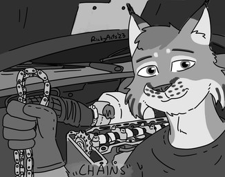 anthro chain clothing countershade_face countershading ear_tuft engine gloves handwear looking_at_viewer machine male mechanic shirt smile solo topwear tuft vehicle ricky_arts felid feline humanoid lynx mammal 2023 monochrome