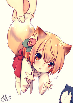 accessory ambiguous_gender blonde_hair blush chibi clothing disembodied_hand flower flower_in_hair group hair hair_accessory inner_ear_fluff legwear lifted lifted_by_tail open_mouth plant simple_background stockings surprised tail tuft white_background chita_(ketchup) animal_humanoid canid canid_humanoid canine canine_humanoid fox_humanoid humanoid mammal mammal_humanoid 2018 hi_res