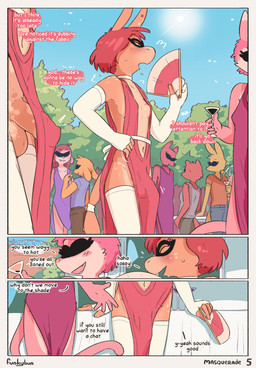 anthro balls beverage blush blush_lines breasts bulge clothed clothing crowd dialogue dress erection erection_under_clothing freckled_ears freckled_face freckled_shoulders freckles genitals grass group gynomorph intersex outside party penis penis_base piercing plant public public_erection public_exposure skimpy sunny tail tenting text tree conditional_dnp djannetur funkybun equid equine horse mammal comic english_text hi_res trans_(lore) trans_woman_(lore)