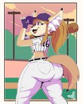 anthro baseball_(sport) baseball_bat baseball_cap baseball_field baseball_uniform bat_(object) big_butt bottomwear butt clothing cloud curvy_figure female fingerless_gloves gloves hair handwear hat headgear headwear huge_butt inner_ear_fluff long_hair pants plant purple_eyes sky smile solo sport sportswear tail thick_thighs tight_clothing tree tuft uniform voluptuous wide_hips dan_scarf mago_(dan_scarf) canid canine fennec_fox fox mammal true_fox 4:5 absurd_res hi_res