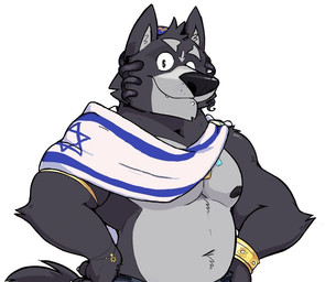 anthro black_body black_fur black_hair bracelet clothing ears_up eyebrows fur grey_body grey_fur hair hat headgear headwear hexagram israel israeli_flag jewelry kippah looking_at_viewer male navel nipples religion religious_clothing religious_headwear religious_symbol smile smiling_at_viewer solo star_of_david strong_fat symbol tail wearing_hat reynard_goodfellow adastra adastra_(series) echo_project judaism amicus_(adastra)