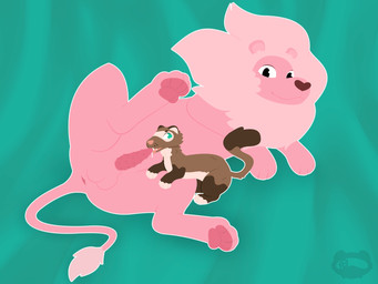 4_toes animal_genitalia animal_penis anus balls bodily_fluids brown_body brown_fur cum cum_drip cum_in_mouth cum_inside cum_on_tongue dipstick_tail dripping duo facial_markings feet feline_genitalia feline_penis fellatio feral feral_on_feral fur fur_tuft genital_fluids genitals glistening glistening_eyes gloves_(marking) head_markings licking looking_at_another looking_back male male/male mane markings mask_(marking) oral pawpads penile penile_spines penis penis_lick pink_body pink_mane pink_nose pink_pawpads pink_paws pink_penis raised_leg sex sheath simple_background size_difference spread_legs spreading tail tail_markings tail_tuft tan_body tan_fur tapering_penis teal_eyes toes tongue tuft whisker_spots someferret cartoon_network steven_universe lion_(steven_universe) peanut_(someferret) domestic_ferret felid lion mammal mustelid musteline pantherine true_musteline weasel 4:3 absurd_res hi_res lineless