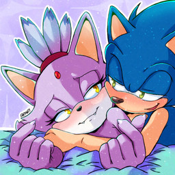 5_fingers accessory anthro bed black_nose blue_body blue_fur cuddling duo eye_contact eyelashes female female_anthro fingers fur furniture green_eyes headband looking_at_another male male/female male_anthro on_bed outline pointy_ears purple_arms purple_body purple_fur purple_hands red_headband small_nose snout tan_arms tan_hands white_outline yellow_eyes riinity sega sonic_the_hedgehog_(series) blaze_the_cat sonic_the_hedgehog domestic_cat eulipotyphlan felid feline felis hedgehog mammal 1:1 adversarial_noise digital_drawing_(artwork) digital_media_(artwork) hi_res