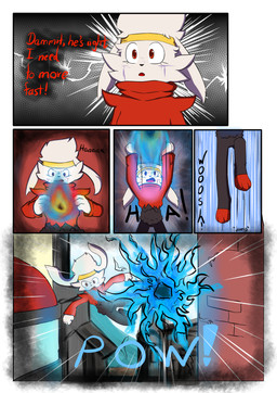 5_panel_comic anthro attack biped black_body black_fur black_nose blue_text brick brick_wall cheek_tuft comic_panel day dialogue elemental_manipulation exclamation_point facial_tuft female fight fire fire_manipulation fireball fur inner_monologue jumping kick motion_lines open_mouth outside red_body red_eyes red_fur red_text simple_background solo sound_effects standing tail text thinking tongue tuft wall_(structure) white_body white_fur white_sclera novaarts nintendo pokemon pokemon_mystery_dungeon spike_chunsoft hopps_(novaarts) generation_8_pokemon lagomorph mammal pokemon_(species) raboot 2026 absurd_res comic digital_media_(artwork) english_text hi_res