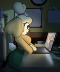 3d_background 5:6 absurd_res animal_crossing anthro bottomwear breasts canid canine canis clothing computer crossed_arms curvy_figure domestic_dog electronics female green_bottomwear green_clothing green_skirt guak hi_res humanoid inside isabelle_(animal_crossing) laptop looking_at_computer looking_at_laptop looking_at_object mammal mixed_media nintendo office orange_clothing orange_shirt orange_topwear shirt short_tail sitting skirt smile solo tail topwear youtube