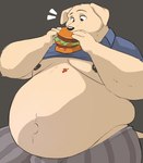 anthro areola belly big_belly big_moobs biped blue_clothing blue_shirt blue_topwear bottomwear brown_eyes bulge burger clothing eating food fur huge_belly ill_fitting_clothing male messy_eater moobs navel nipples obese obese_anthro obese_male overweight overweight_anthro overweight_male shirt simple_background sitting solo tan_body tan_fur topwear mosin beastars jack_(beastars) bird_dog canid canine canis domestic_dog hunting_dog labrador mammal retriever 2023 absurd_res digital_drawing_(artwork) digital_media_(artwork) hi_res