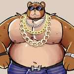 :3 anthro barazoku big_bulge big_pecs bulge chain chain_necklace clock clothing eyewear front_view gold_(metal) gold_chain huge_pecs jewelry male musclegut muscular muscular_male necklace overweight overweight_male pattern_clothing pattern_underwear pecs simple_background solo striped_clothing striped_underwear stripes sunglasses thick_arms underwear watch wristwatch janjauwu tiny_headed_kingdom pip_(tiny_headed_kingdom) bear mammal 1:1 2023 hi_res