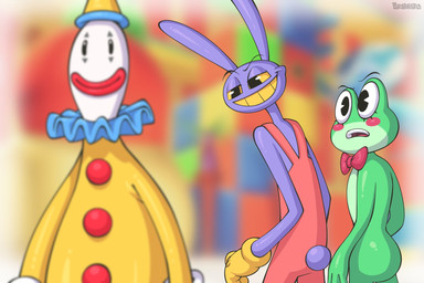 anthro bow_tie clothing clown eyebrows female green_body grin group hat headgear headwear male purple_body smile trio yellow_sclera elcajarito distracted_boyfriend glitch_productions the_amazing_digital_circus jax_(tadc) kaufmo_(tadc) ribbit_(tadc) amphibian frog humanoid lagomorph leporid mammal rabbit 2026 3:2 hi_res meme