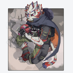 anthro armor camera cape clothing detailed_background fur headgear helmet male rubble solo striped_body striped_fur stripes kzy_r9877 lifewonders live_a_hero kalaski felid mammal pantherine tiger 1:1 hi_res
