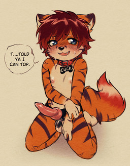 anthro balls blush bodily_fluids chastity_cage chastity_device collar cuck_collar genital_fluids genitals hair male male_wearing_chastity male_wearing_strapon precum solo strapon strapon_over_chastity strapon_over_penis tail text wearing_chastity_cage wearing_chastity_device young young_anthro young_male niichan anonymous_character canid canine fox hybrid mammal english_text hi_res