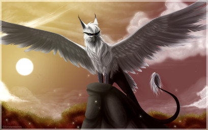 ambiguous_gender beak blue_eyes day feathered_wings feathers feral fur high_place outside sky solo spread_wings sun tail tail_tuft tuft white_body white_feathers white_fur wings sinistereternity mythology avian gryphon mythological_avian mythological_creature 2011 digital_media_(artwork)