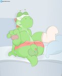 anthro balls bed clothing dizzy ear_piercing ear_ring footwear furniture genitals male penis piercing pillow ring_piercing simple_background simple_coloring socks solo underwear izyaboicallume mario_bros nintendo yoshi's_island green_yoshi yoshi hi_res shaded simple_shading watermark