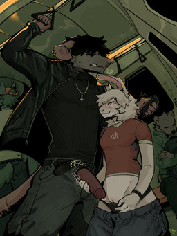 anthro bodily_fluids clothed clothing duo exhibitionism female genital_fluids genitals handjob inverted_cross_necklace male male/female penile penis precum public public_sex public_transportation risky sex subway train vehicle plaguerat ash_(plaguerat) doug_(plaguerat) lagomorph leporid mammal murid murine rabbit rat rodent 3:4 absurd_res hi_res