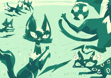 ambiguous_gender ball feral fur grass green_body green_fur group open_mouth open_smile plant running smile soccer_ball naircat domestic_cat felid feline felis mammal 2017 digital_drawing_(artwork) digital_media_(artwork) green_monochrome green_theme microsoft_paint_(artwork) monochrome