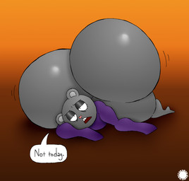 anthro bar_emanata big_butt bubble_butt buckteeth butt butt_jiggle curvy_figure dialogue emanata eyelashes femboy fur glistening glistening_butt glistening_eyelids grey_body grey_fur heart_nose heart_symbol huge_butt huge_thighs hyper hyper_butt jiggling logo long_sleeve_shirt lying male narrowed_eyes on_front solo speech_bubble teeth text thick_thighs thatdawgmurray happy_tree_friends amphon_(subzerowizardo) bear mammal aliasing artist_logo artist_name digital_media_(artwork) english_text hi_res signature