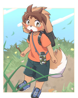 anthro backpack blush bottomwear brown_body brown_fur canteen clothing footwear fur kemono looking_at_viewer male open_mouth orange_clothing orange_shirt orange_topwear outside shirt shoes shorts sneakers solo topwear twig young young_anthro young_male kemoizumi gundam gundam_build_divers_re:rise freddie_(gundam_build_divers_re:rise) canid canine canis domestic_dog eldorian mammal 2025 4:5 full-length_portrait hi_res japanese_description portrait