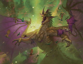 ambiguous_gender extreme_size_difference feral flying green_body green_scales group horn membrane_(anatomy) membranous_wings open_mouth purple_body scales sharp_teeth size_difference space spread_wings star tail teeth wings pindurski hasbro magic:_the_gathering mythology wizards_of_the_coast dragon mythological_creature mythological_scalie scalie 2023 digital_media_(artwork) hi_res official_art