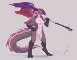 5_fingers abs anthro breasts brown_body claws digitigrade featureless_breasts featureless_crotch feet female fingers grey_background hair hand_on_hip holding_melee_weapon holding_object holding_polearm holding_weapon horn looking_at_viewer melee_weapon muscular muscular_female nude pink_hair polearm simple_background smile solo standing tail weapon white_hair trololohstuffs mythology kerime_(trololohstuffs) dragon mythological_creature mythological_scalie scalie 2022 digital_media_(artwork) hi_res