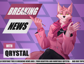 5_fingers anthro biped black_claws black_clothing black_eyebrows black_legwear black_nose black_pantyhose black_shirt black_topwear breasts button_(fastener) cheek_tuft claws clothed clothing crossed_legs ear_piercing eyebrows facial_tuft female finger_claws fingers fluffy fluffy_tail front_view fully_clothed fur gesture grin grinning_at_viewer hair holding_object holding_pointer humanoid_hands jacket jewelry kerchief legwear looking_at_viewer multicolored_body multicolored_fur neck_tuft neckerchief necklace neckwear news news_report no_pupils pantyhose pattern_background pawpads piercing pink_body pink_clothing pink_fur pink_hair pink_jacket pink_kerchief pink_neckerchief pink_pawpads pink_tail pink_topwear pink_wristband pointer pointy_ears prick_ears reporter shirt short_hair simple_background sitting smile smiling_at_viewer solo tail text topwear tuft two_tone_body two_tone_fur waving waving_at_viewer wristband yellow_eyes purtropos remember_the_flowers qrystal_(remember_the_flowers) canid canine fox mammal 2023 digital_media_(artwork) english_text half-length_portrait hi_res portrait signature