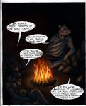 anthro campfire clothed clothing dialogue duo fire fur male text myenia rukis canid canine canis mammal wolf comic english_text